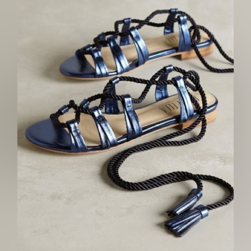 Anthropologie BILLY ELLA Lucerna Metallic Blue Leather Gladiator Tie Sandals 8